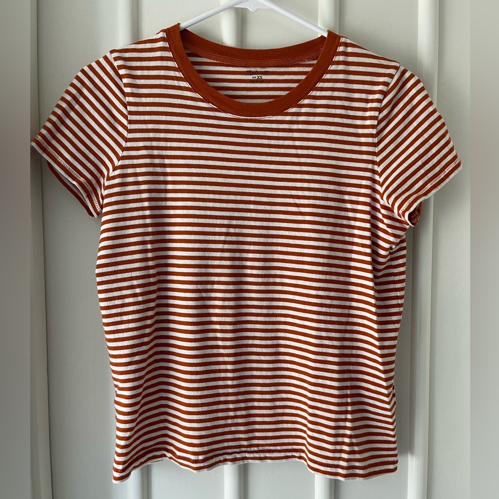 Madewell Burnt Orange and White Striped Crewneck Tee